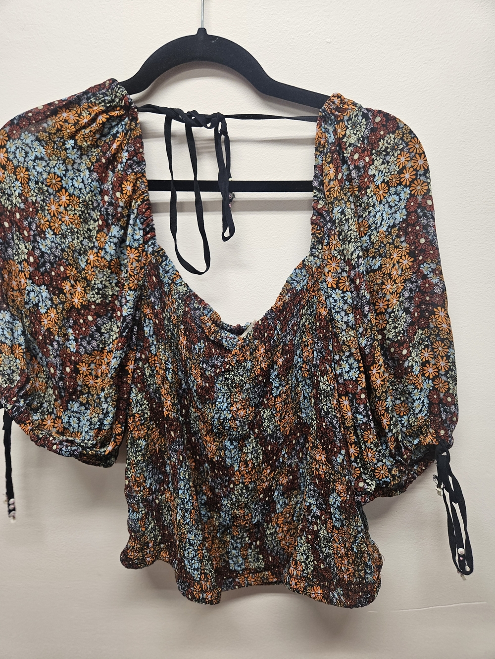 Free People Floral Smocked Puff-Sleeve Peasant Top - Blue & Brown & Orange - Picture 5 of 8